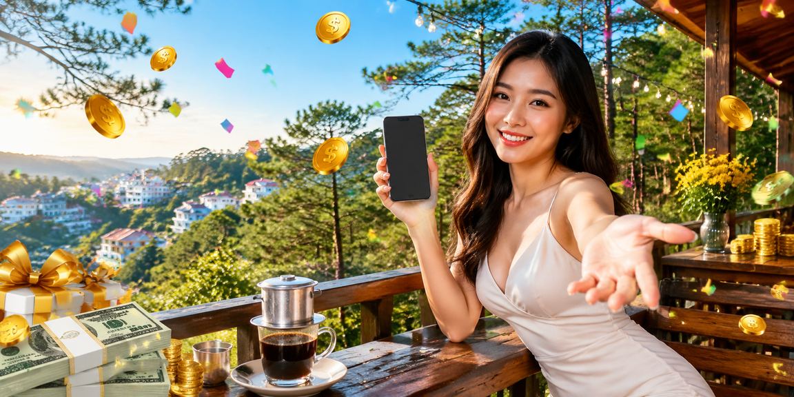 Góc cà phê Đà Lạt với hình ảnh người dùng nhận cashback và tiền thưởng trực tuyến